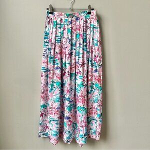 Vintage Tropical‎ Pleated Midi Skirt Women's Size XS White Teal Magenta Kawaii